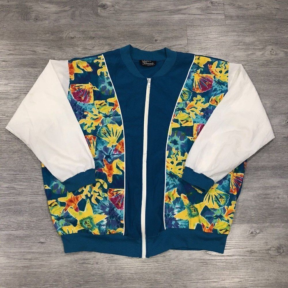 Vintage 80s 90s Silver Threads Jacket Ocean Starfish Full Zip Color Block Sz 3XL